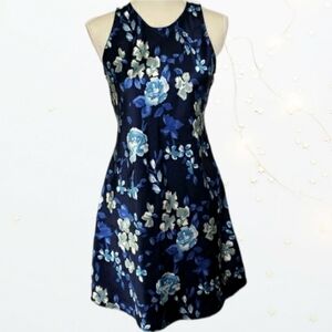 Little Summer Dress Polyester Satin Blue Floral Print Cut in Shoulders S/M VGUC